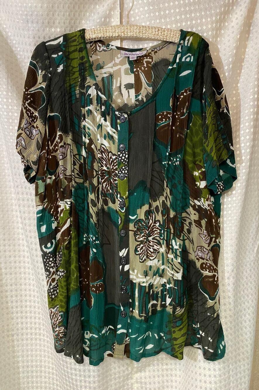 Roaman's Green Olive Khaki Botanical Print Button-Down Tunic / Blouse SIZE 18W